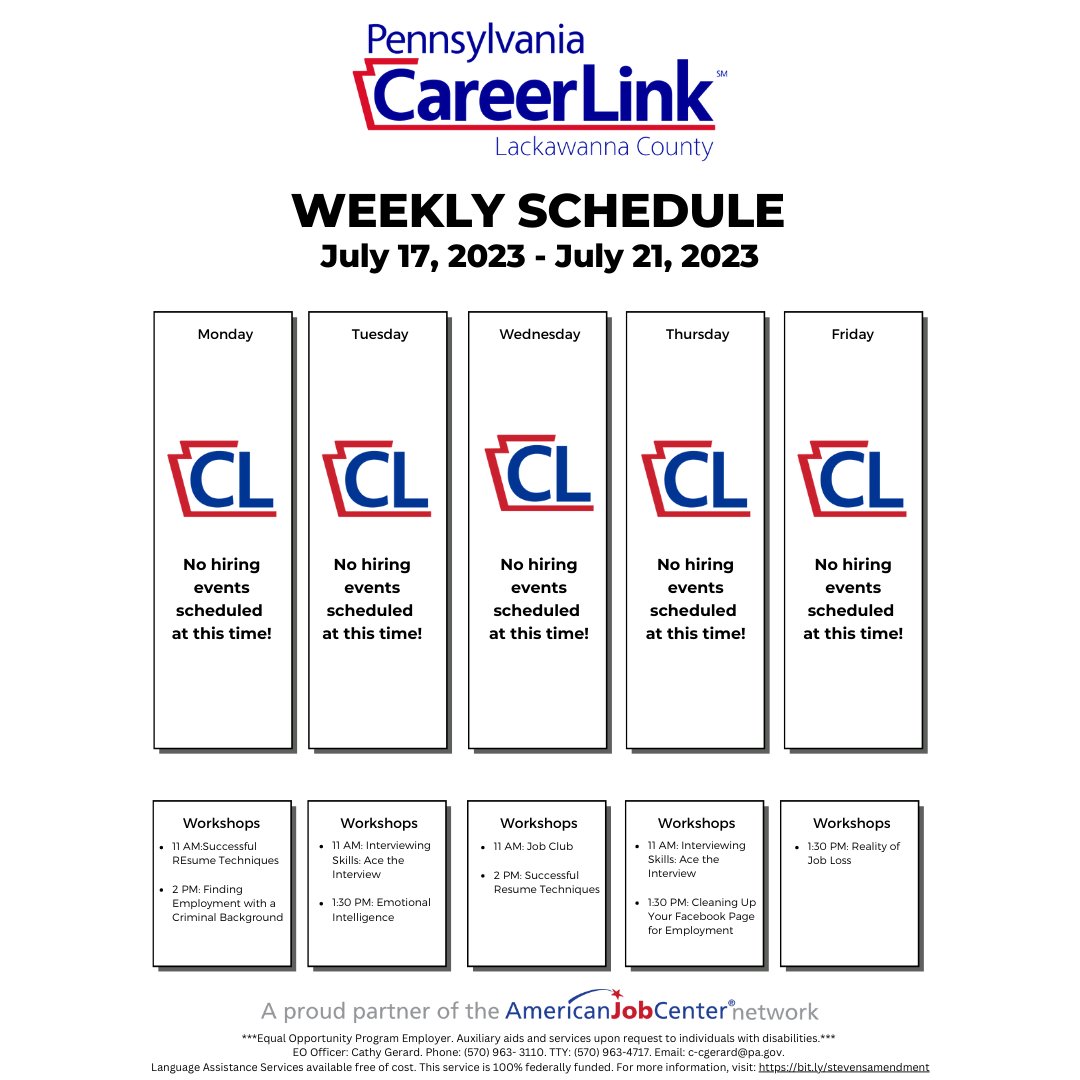 Check out what’s going on this week at PA CareerLink® Lackawanna County!
🗓 Mark your calendar and stop by to start your new career!
📍 135 Franklin Ave, Scranton, PA 18503