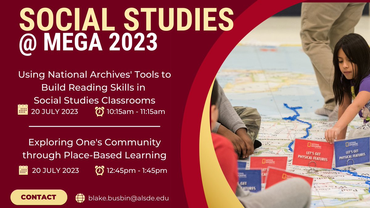 Going to MEGA in Mobile? Be sure to check out two great social studies sessions on Thursday: 
✔️Literacy and Primary Sources (10:15-11:15 AM)
✔️Place-based learning (12:45-1:45 PM)
#MEGA2023 #AlabamaHistory #ALEdChat #AlabamaAchieves