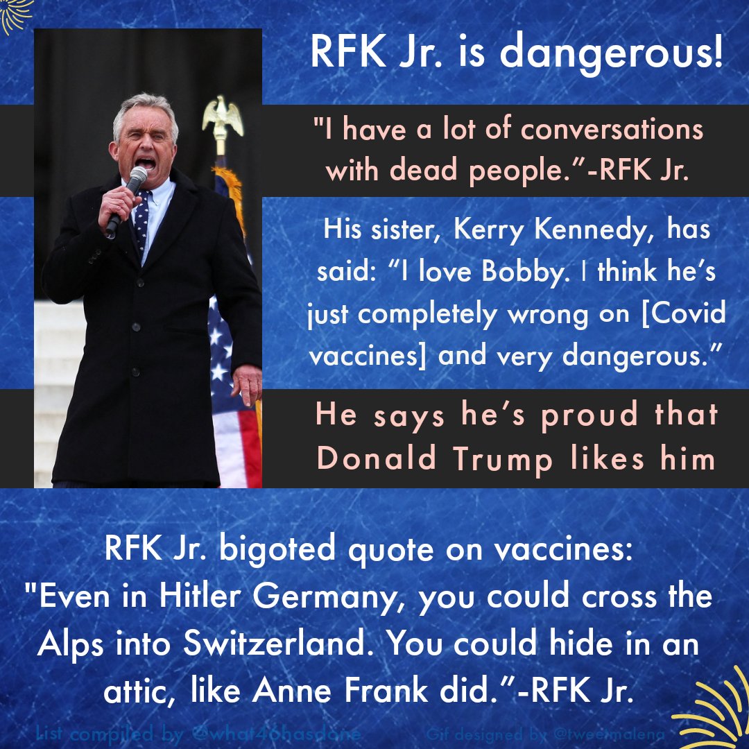 RFK Jr is a dangerous &amp; bigoted conspiracy theorist who should never get anywhere near the reigns of government. 

No wonder Bannon supports him &amp; Trump really like him, he's a raging antisemitic &amp; racist whackjob.

He's never been elected to public office &amp; he's a flippin dolt!