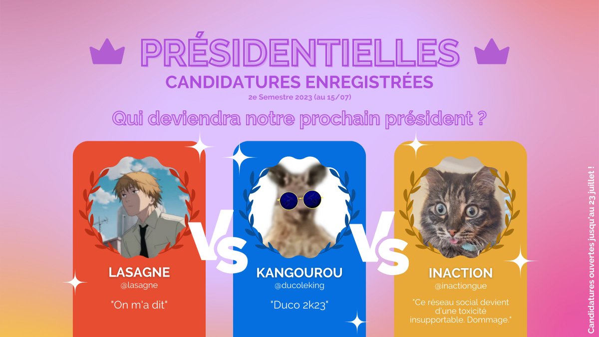 DiscordAppart's tweet photo. Les présidentielles pour le 2e Semestre 2023 sont lancées ! Qui sera notre prochain président ? https://t.co/pab3kPL1zX