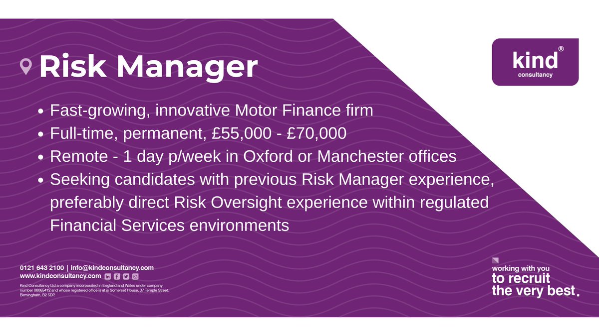 Excellent opportunity for an experienced Risk Manager seeking a predominantly remote role. Find full details and apply now at jobs.kindconsultancy.com/?task=jobdetai… #RiskJobs