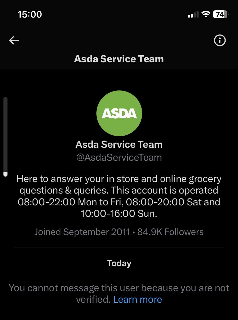 itsjimfromwork's tweet photo. @AsdaServiceTeam That would be brilliant. However, Elon (in his wisdom) has only allowed verified users to be able to message you. No blue tick, no DM unless we are followers. 
Is there an alternative contact method? https://t.co/hcQVcao2kC