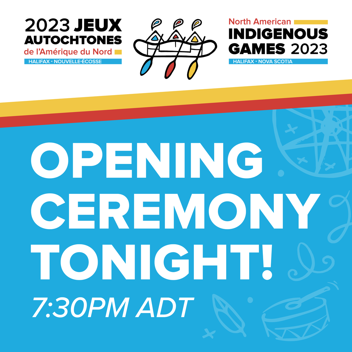 NAIG2027's tweet photo. Let’s get the celebration started - the NAIG 2023 Opening Ceremony is tonight! 

No ticket? No problem! Watch the Opening Ceremony on the NAIG live stream at 
https://t.co/3MYHAMoy8o starting at 7:30pm (AST)! https://t.co/NmM0ZJUC4S
