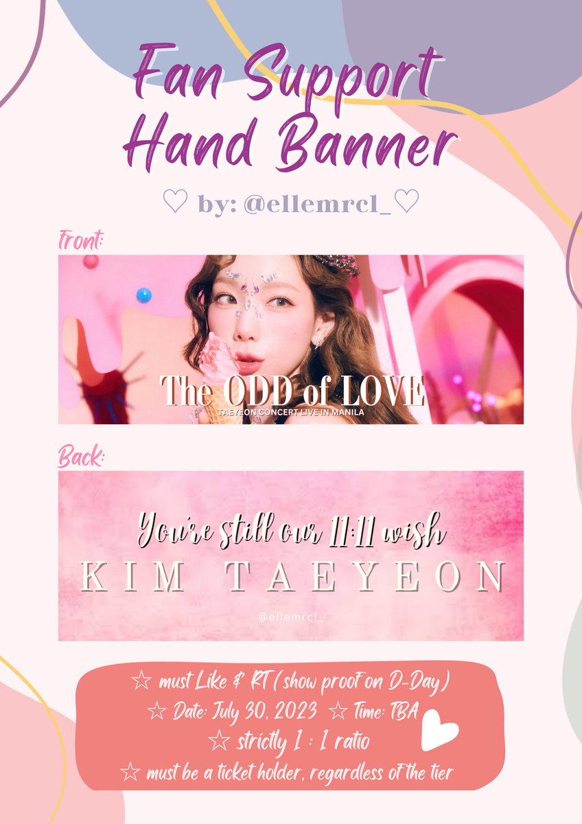 ellemrcl_'s tweet photo. Fan Support Hand Banners for
 #TheODDOfLOVE_in_MANILA

   ☆ like + rt this tweet (show proof on D-day)
   ☆ Strictly 1:1 ratio
   ☆ open for trades

#TheODDOfLOVEinMNL #TAEYEONCONCERT_TheODDOfLOVE 
#TAEYEON #태연 #tOoL 
#freebiesforTaeyeon #oddie #freebies
#GirlsGeneration https://t.co/TgP4ylpSzW