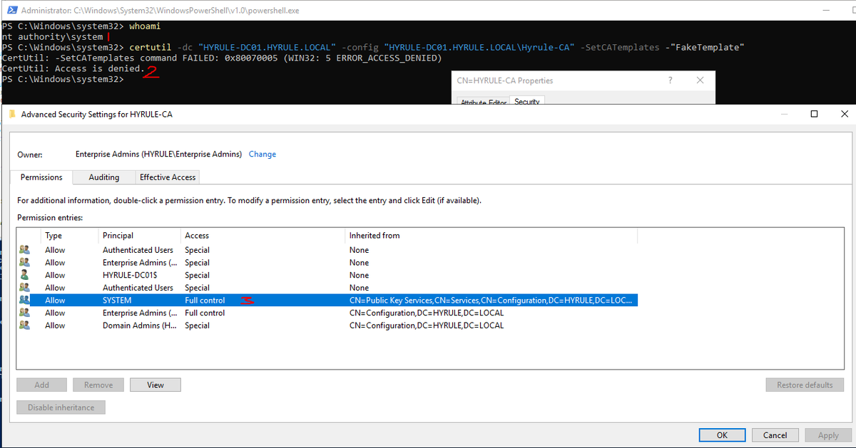 tobyjacksonsec's tweet photo. Is anyone able to explain this behaviour? I can publish templates via SYSTEM GUI, but doing it with certutil fails - I guess I can programmatically modify the AD object to add the template name to the Enrollment Services CA, but curious as to why this fails? https://t.co/WTKEA2kISg