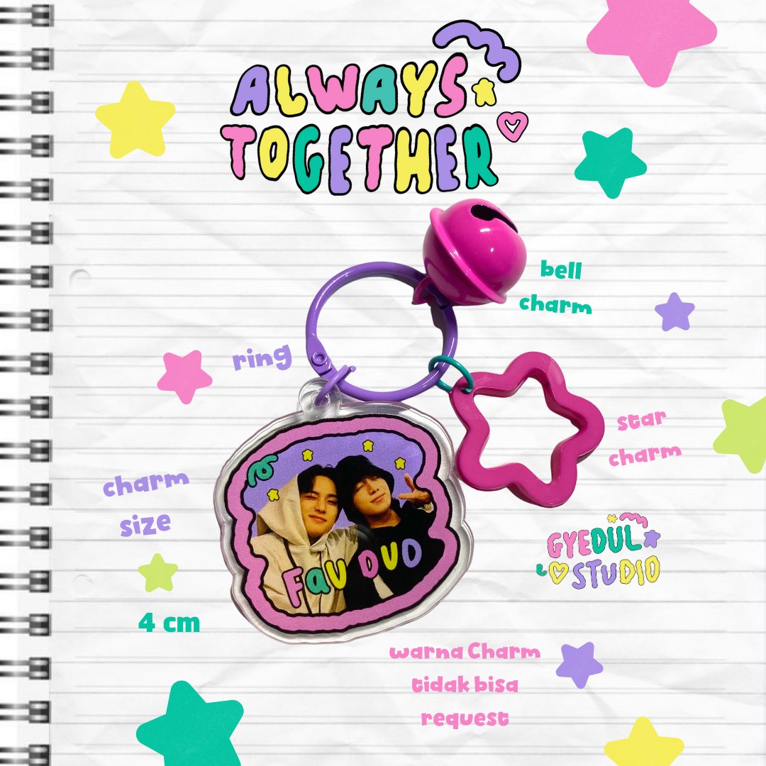 always together🗯️💗 you can custom picture for your fave <fast pre order>

acrylic keychain 2 sided 
size 4 cm (bisa req dan custom picture ya!) max 2-3 person <3

there's 2 type :
A : with ballchain &amp; bell 
B : ring, bell &amp; star charm 

Link : forms.gle/ZFkRjZdunvw54f…