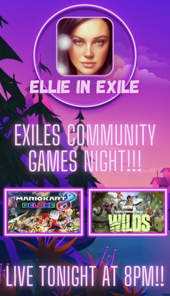 Come join us for #ExilesFamily community night live on #twitch tonight from 8pm!

We’ll be starting with some #MarioKart8Deluxe then moving on to #fortnite.

All welcome to join!

See you later!

💜💜💜

#streamer #girlgamer #ps4 #streamcommunity