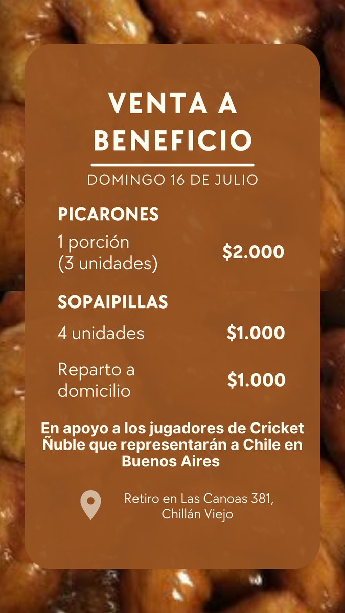 ¡Hoy en #Chillán y #ChillánViejo !❤️

Con los chicos de <a href="/CricketNuble/">Cricket Ñuble</a> estaremos vendiendo riquísimos picarones y sopaipillas 😋

Aproveche de encargar su platito al
+56992912776 y apoye con su granito de arena a los deportistas locales🏏❤️