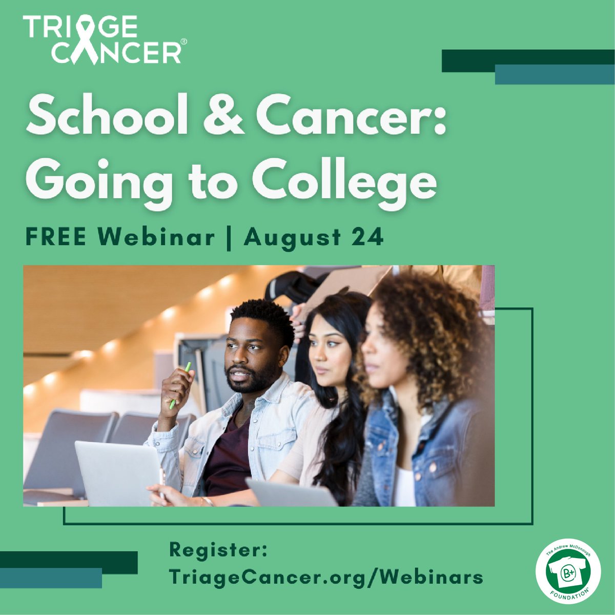We're partnering with @TriageCancer for a FREE webinar on 8/24 about navigating college and cancer. Register here: triagecancer.org/webinars

We’ll talk about help through accommodations, working with professors, & more.
#TriageTalks #CancerRights #BeyondDiagnosis #ayacancer