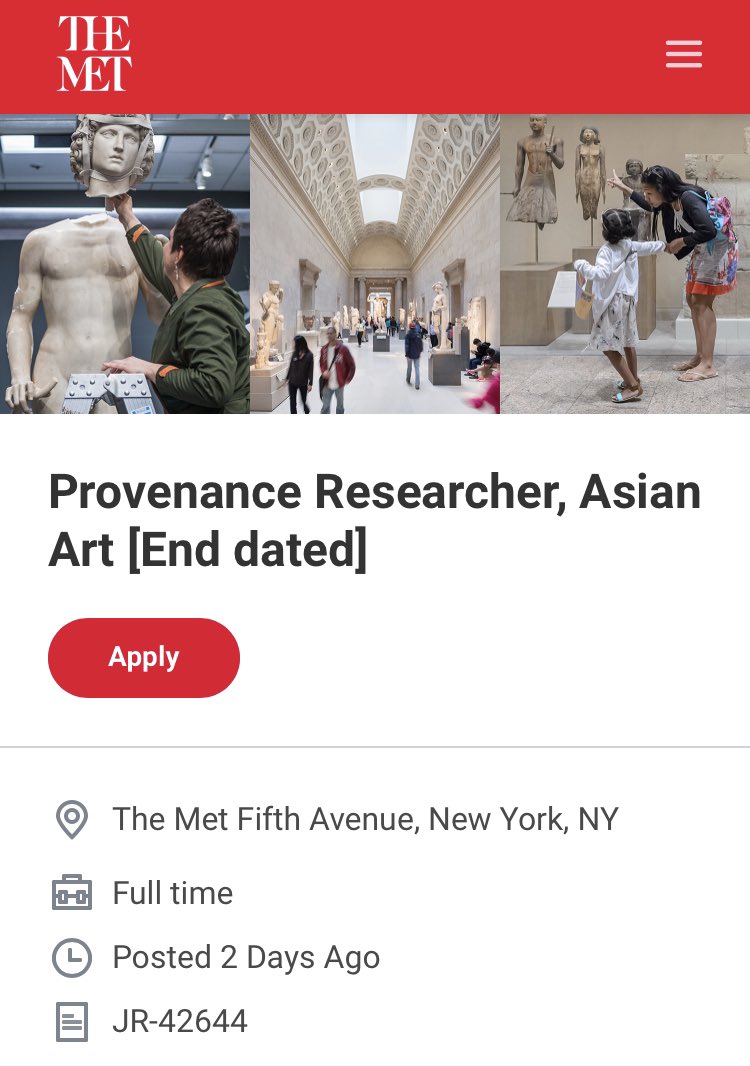 Very rare career opportunity in the field of #provenance #AsianArt #provenanceresearch <a href="/metmuseum/">The Metropolitan Museum of Art</a> !! metmuseum.wd5.myworkdayjobs.com/en-US/metmuseu…