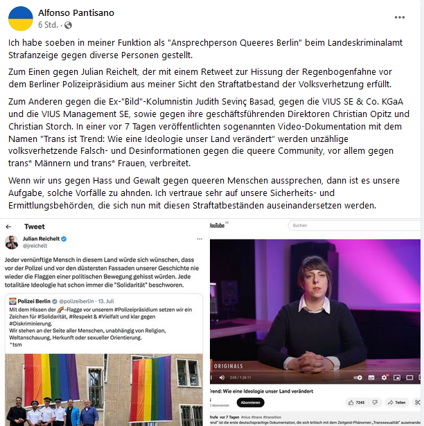 PeterBorbe's tweet photo. Der Berliner "Queerbeauftragte" Alfonso Pantisano beweist mit seinem eigenen Handeln, wie richtig @jreichelt mit seinem Vorwurf einer totalitären Ideologie liegt. Kritik an der Regenbogenflagge soll jetzt als Volksverhetzung kriminalisiert werden. https://t.co/PSBKpRKKVz