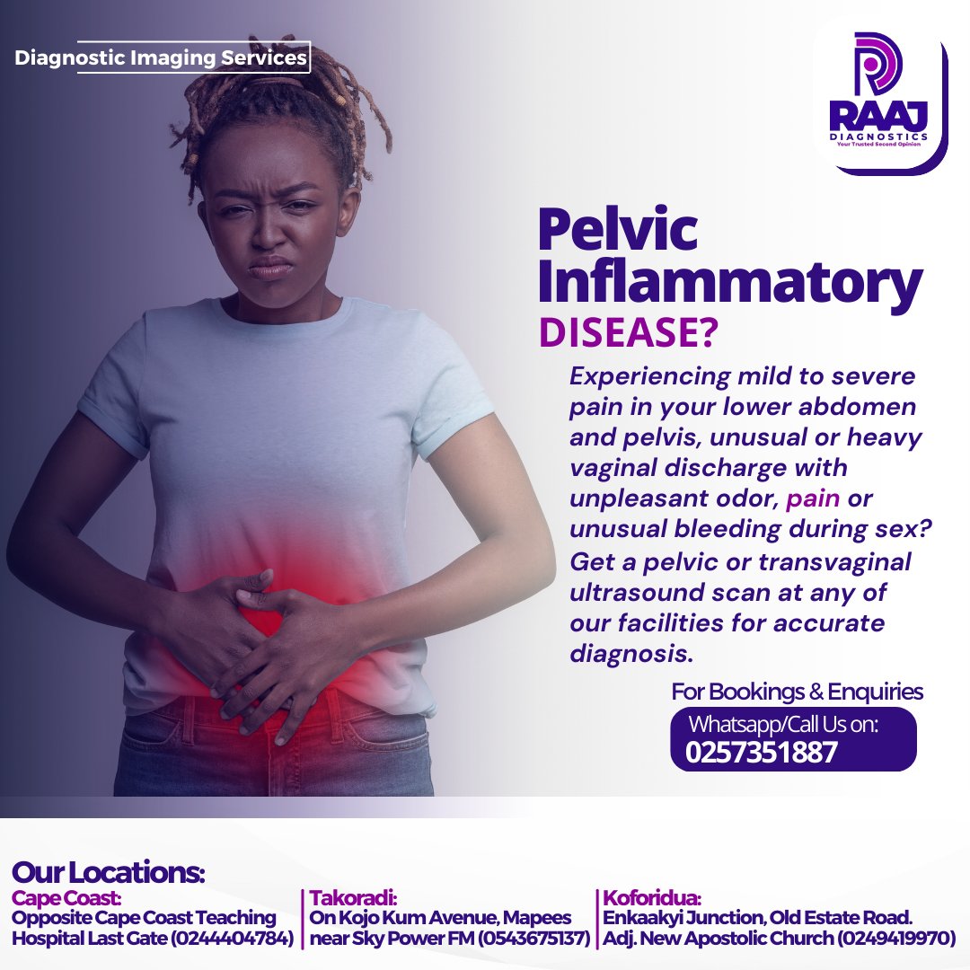 raajdiagnostics's tweet photo. Pelvic Inflammatory Disease?
Visit any of our facilities for accurate diagnosis. #capecoast #takoradi & #koforidua
#raajdiagnostics #ultrasoundscan #pelvicscan #transvaginalscan #reproductivehealth https://t.co/H9VNTPb06K