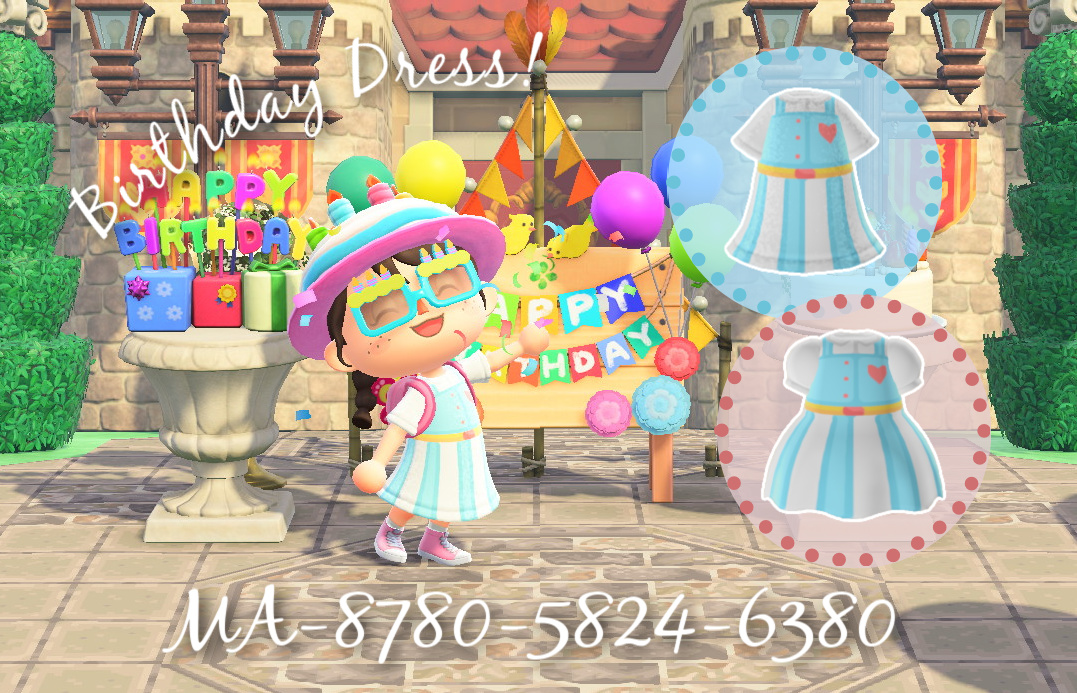 RaeFaeACNH's tweet photo. Oh! Let me share my #acnhootd! I designed a cute little birthday dress to match my hat and my sunglasses 🥳 What do you think? #ACNHDesigns #acnhclothes https://t.co/WAwXXb3pwp