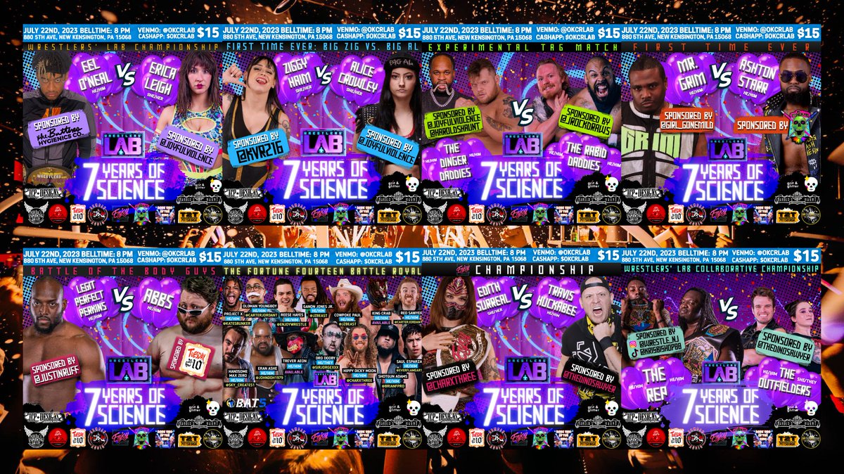 WrestlersLab's tweet photo. • Eel O'Neal/Erica Leigh 🏆
• Ziggy Haim/ Alice Crowley
• Dinger Daddies/Rabid Daddies
• Mr. Grim/Ashton Starr
• Legit Perfect Perkins/ABBS
• Fortune Fourteen
• Surreal/Huckabee 🏆
• The REP/The Outfielders 🏆
Pick your winners! #7YoS hits T2T Pittsburgh in just 6 DAYS! https://t.co/rjOWKPvhbl