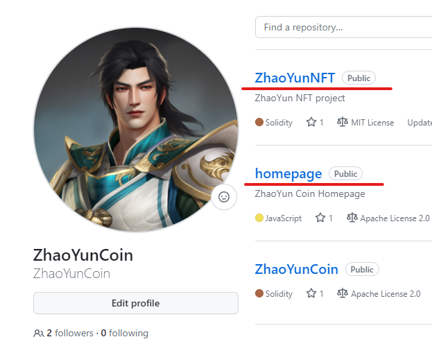 ZhaoYunCoin's tweet photo. It is my @github site.
I am preparing the new homepage and @ZhaoYunCoin NFT project.

The NFT project will be published in Q4 2023 if there is no issues.
Thank you.

#AirdropCrypto #Airdrops #NFTs #Staking #StakingRewards #memecoins #BinanceSmartChain https://t.co/WmwpRfsghI