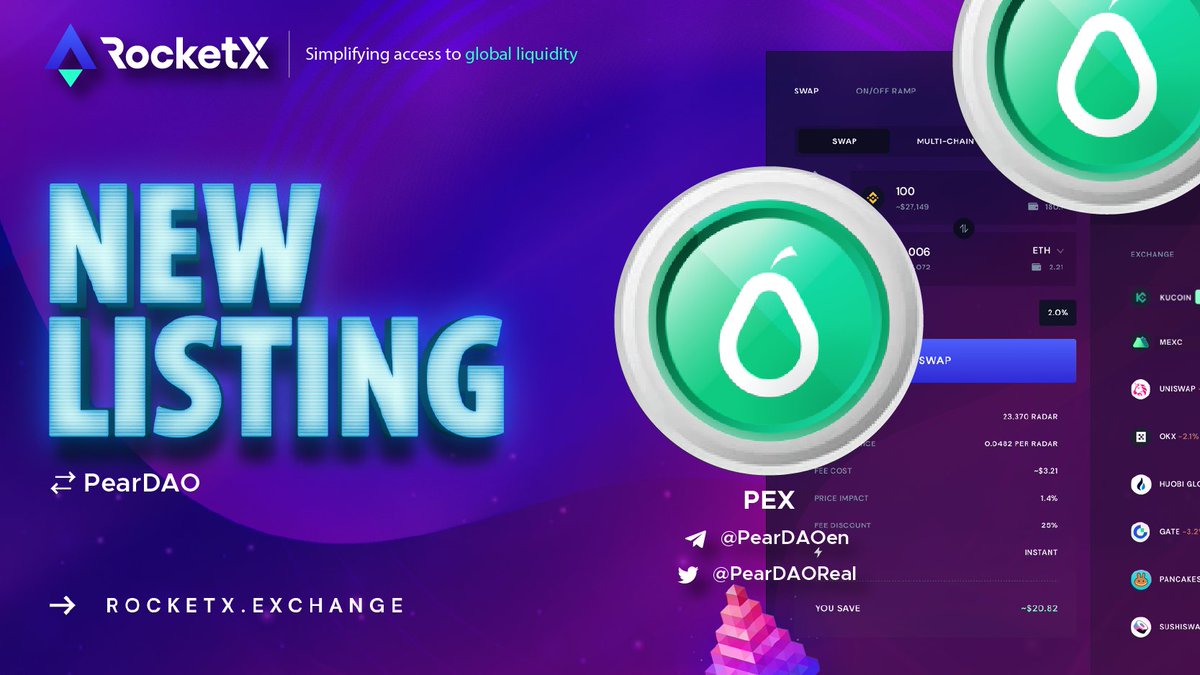 ⚡️ Hold on tight! RocketX and PearDAO have officially joined hands to create a force to be reckoned with.

🤝 Together, we'll unlock endless potential for the crypto community, delivering seamless trading experiences & unrivaled opportunities.
📍 Swap $ETH, $MATIC and more to…