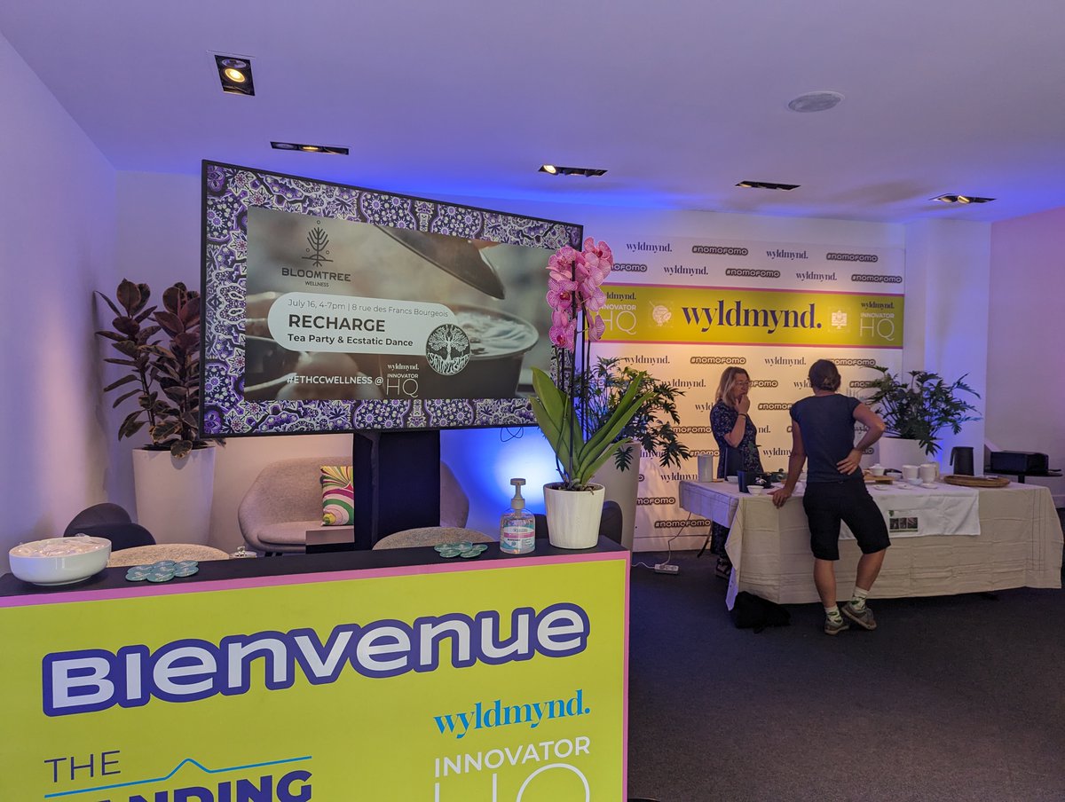 WellnessBT's tweet photo. RECHARGE is underway @wyldmynd Innovator HQ @EthCCweek #paris. Come get your tea &amp; dance on. #ethccwellness https://t.co/LjTtKeKpOa