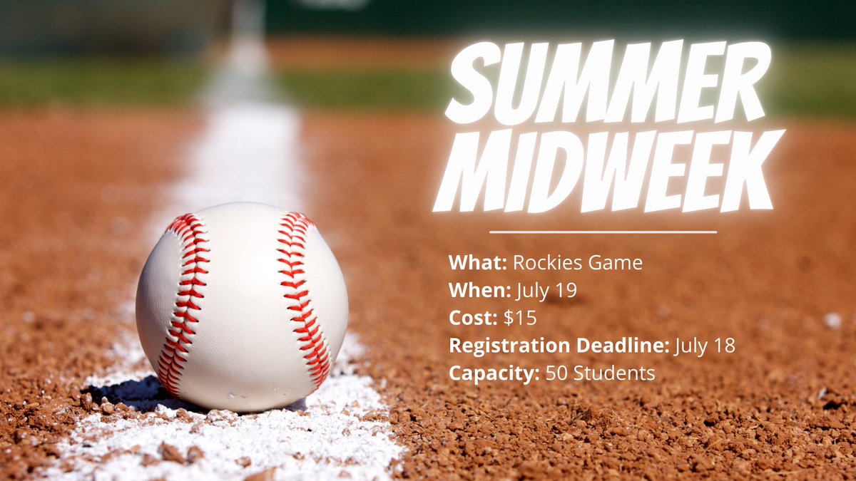 3CYouth's tweet photo. For Summer Midweek on Wednesday, we're headed to see the Rockies play the defending World Series champs Houston Astros! Deadline for registration is Monday (July 17) at 11:59pm. About 25 student tickets are left! https://t.co/NrXsiAgAL2 https://t.co/VnbOhPtgNt
