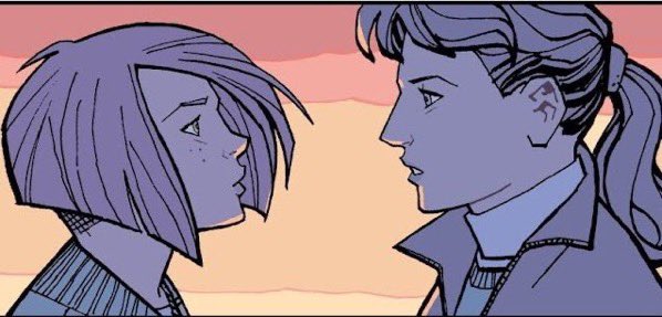 The_Book_Of_M's tweet photo. Every time I see a #PaperGirls image where Mac’s undercut is visible, I can’t help but imagine the short, soft hairs tickling KJ’s nose as she kisses the back of Mac’s neck. Apparently, if you write something in a fic a couple is times, it lives in your brain forever. 

#Kajemac https://t.co/srDo43pEvj
