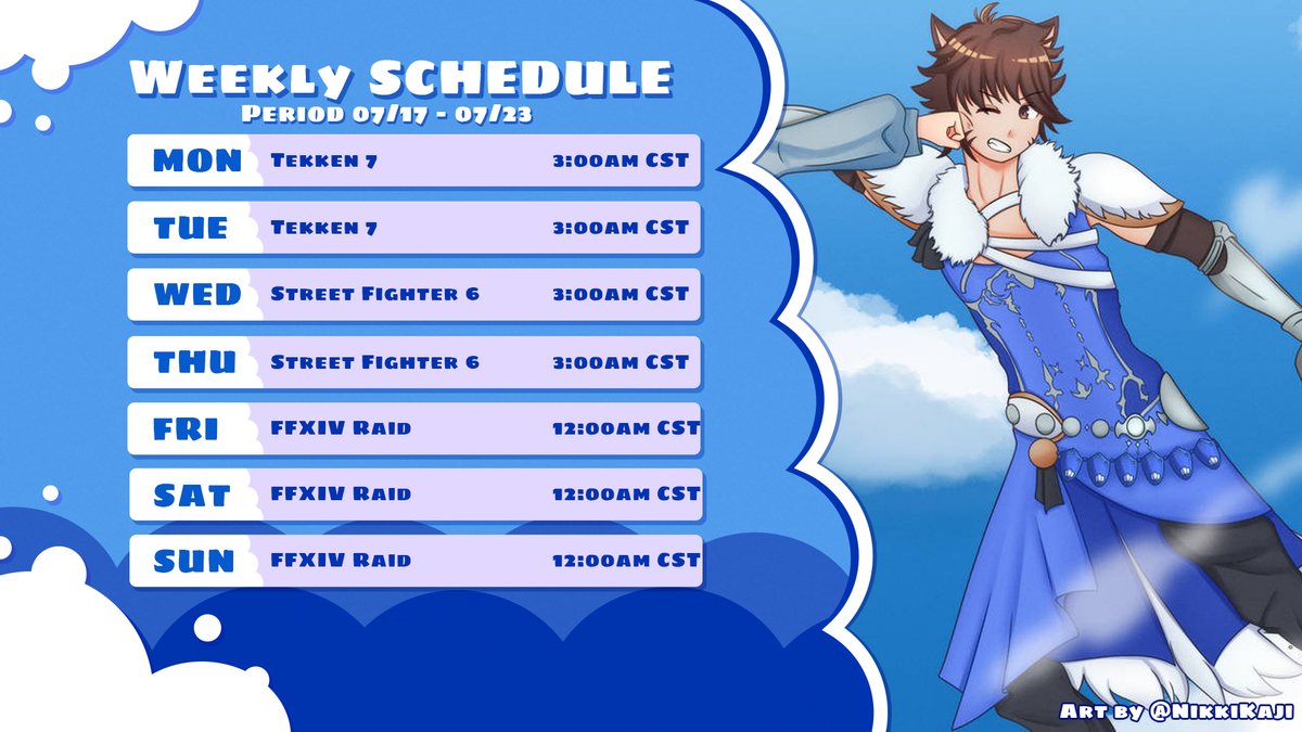 xKazaJinx's tweet photo. 📢Weekly Schedule July 17 to July 23📢
With #Evo2023 around the corner, it's time for me to get back to practicing so I don't drown so early into pools. If you got any advice for Asuka or Zangief, please drop by the stream and tell me them!
#Vtuber #ENVtuber https://t.co/RFpaZOa4qI