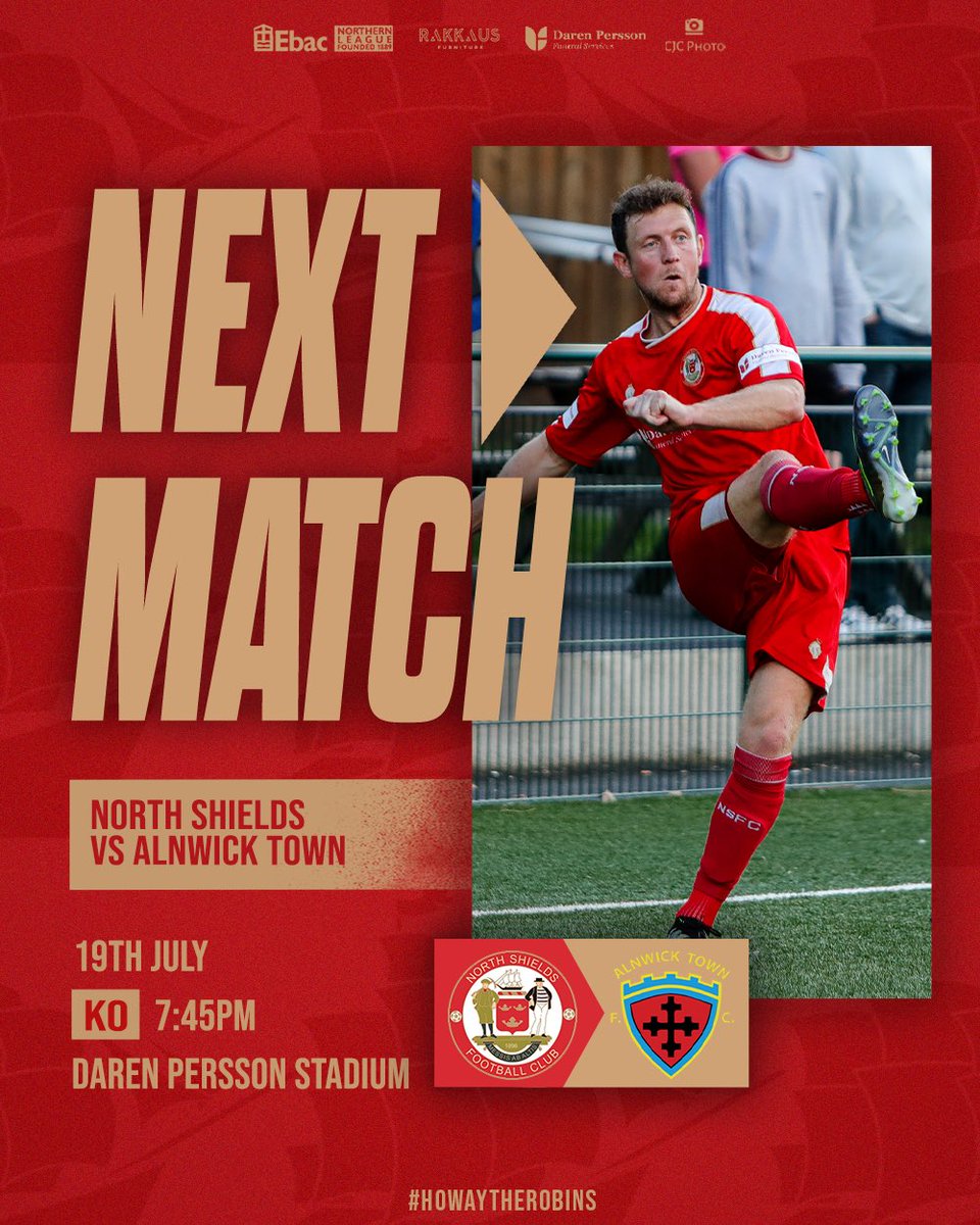 NEXT UP | 

🤝 <a href="/AlnwickTownAFC/">Alnwick Town</a> 
📅 Wednesday 19th July 2023
🕗 19:45
🏟 Daren Persson Stadium
📍 NE29 0SS
🏆 Pre-Season Friendly 
💰 Adults £4, Concessions £2, U16 £1 - CASH ONLY

#HowayTheRobins
