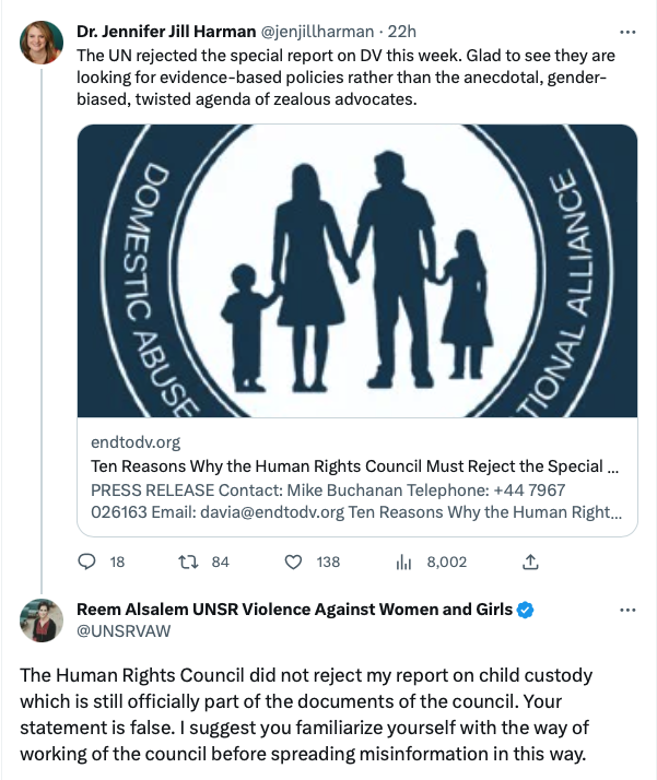 A @CSUSystem Professor and pro-alienationist is blatantly spreading 100% false information about the @UN and the @UNSRVAW report on child custody backed by global experts and presented to the @UN_HRC. This is a pattern by parental alienation proponents. #HRC53 #HumanRights #DARVO