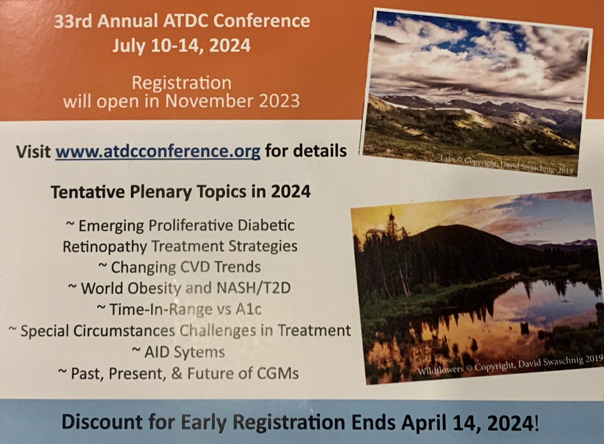 ATDCconference's tweet photo. Save the date for #ATDC2024 - conference dates are July 10-14, 2024. 

#ATDC2023 #ATDCconference #BarbaraDavisCenter #diabetes #t1d #type1diabetes #T1Dstrong #CDFcares #ChildrensDiabetesFoundation #Keystone #Colorado https://t.co/NRiq67ffMg