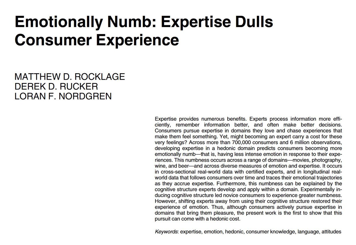 People become experts in things they love, but by doing so, they lose their sense of joy that led them to become experts. "Across seven studies... we found consistent evidence that expertise leads to emotional numbness"

Refocusing on your emotional reactions brings the joy back!