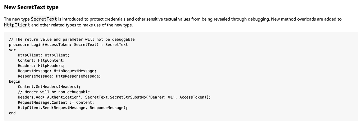 dvlprlife's tweet photo. The AL Change log is one of my startup tabs, helping me keep up with the changes. I am looking forward to using the SecretText type. This will help to not be so stringent with the [NonDebuggable] attribute. #msdyn365bc #businesscentral https://t.co/e32eZ3QBzs