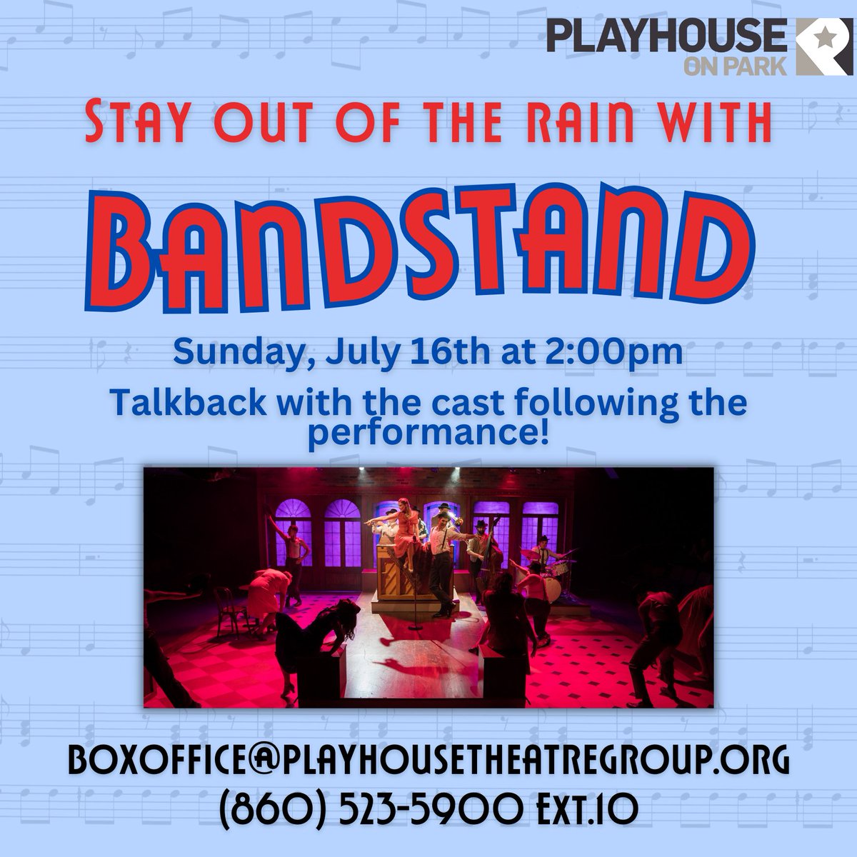 Stay dry and come see BANDSTAND today at 2:00!

Photo by Meredith Longo

For tickets, visit playhouseonpark.org or call (860) 523-5900 Ext.10

#bandstand #bandstandonpark 

BANDSTAND is presented by arrangement with Concord Theatricals. concordtheatricals.com