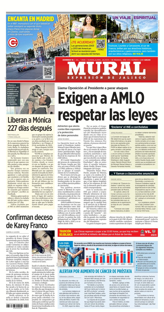 muralcom's tweet photo. ¡Excelente domingo!
Te compartimos nuestra portada de hoy, donde destaca: 
- Exigen a AMLO Respetar las leyes
- Encierra INE a corcholatas
- ...Y llaman a clausurarles anuncios
- Liberan a Mónica 227 días después
- Confirman descenso de Karey Franco
- Alertan por aumento de cáncer de próstata