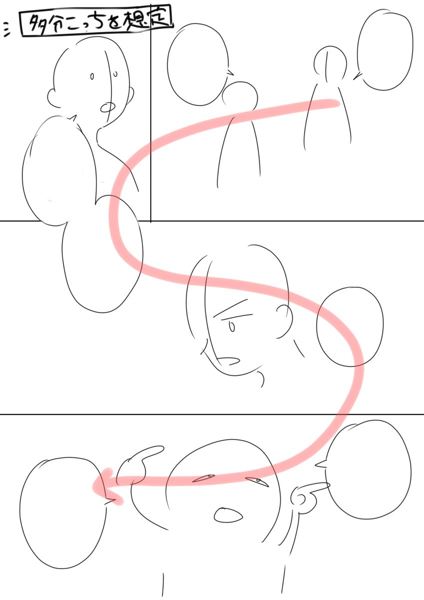 最近web作品見てて自分の視線の動きが完全に紙面での追い方をしてるなと思いました。
縦読み漫画はS字で視線動かしますもんね。
画像は分かり難いので図解です、赤が視線の動き。
私の読み方だと2回2コマ目のセリフが視線に入ってしまう。