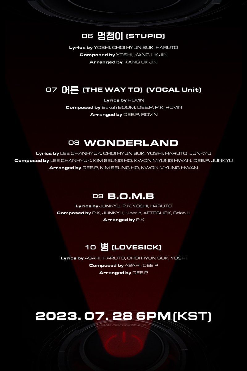 📣 ทาง YG ได้ปล่อย #TREASURE 2ND FULL ALBUM 'REBOOT' TRACKLIST POSTER

2ND FULL ALBUM 'REBOOT'

🗓️ วันที่ 28 กรกฎาคม นี้
🕓 เวลาไทย 16:00 น.

😍 จาก TRACKLIST ที่ปล่อยมา #จุนกยู ได้มีส่วนร่วมในการแต่งถึง 5 เพลง ค่ะ
- BONA BONA (Title) 🔥
- I WANT YOUR LOVE 
- MOVE 💕
- WONDERLAND