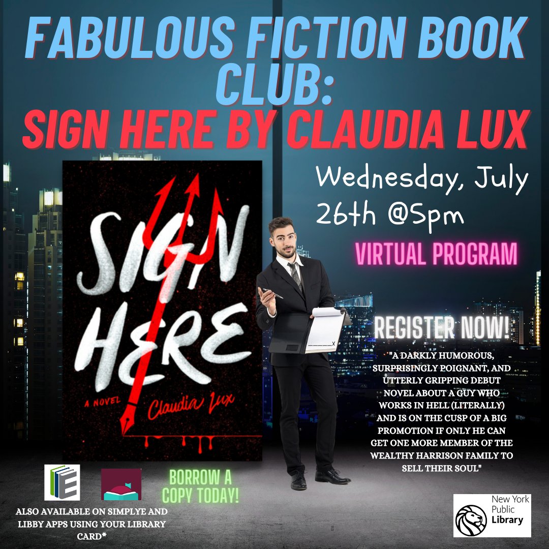 PKRLibrary's tweet image. Come join us virtually July 26 for our book club as we discuss Sign Here by Claudia Lux
nypl.org/events/program…
#nypl #parkchesterlibrary #signhere #bookclub #fiction #virtualprogram #parkchester