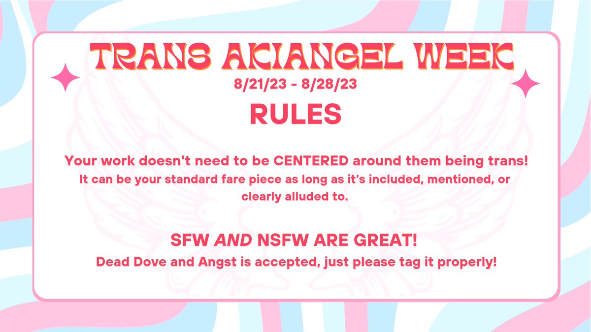 transakiangel's tweet photo. There are very few rules for this, but they're important!

We have a discord linked in bio and the prompts are posted on the twitter here! Please make sure to give this a solid read. :) https://t.co/PsE3l027fB