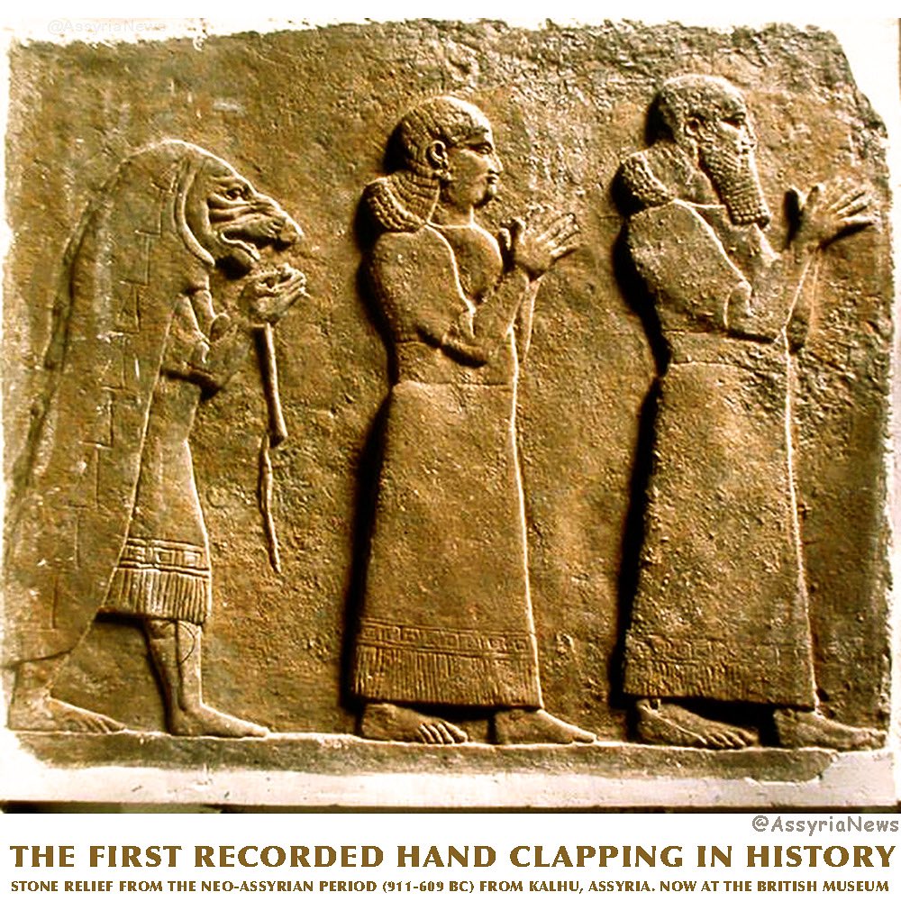 TodayAssyria's tweet photo. The first recorded hand clapping in history. Stone relief from the Neo-Assyrian period (911-609 BC) from Kalhu, Assyria. Now at the British Museum in London.
#handclapping #kalhu #assyria #britishmuseum #assyrianews #mesopotamia #archaeology #art #history #ancienthistory https://t.co/uNZzCIywLs