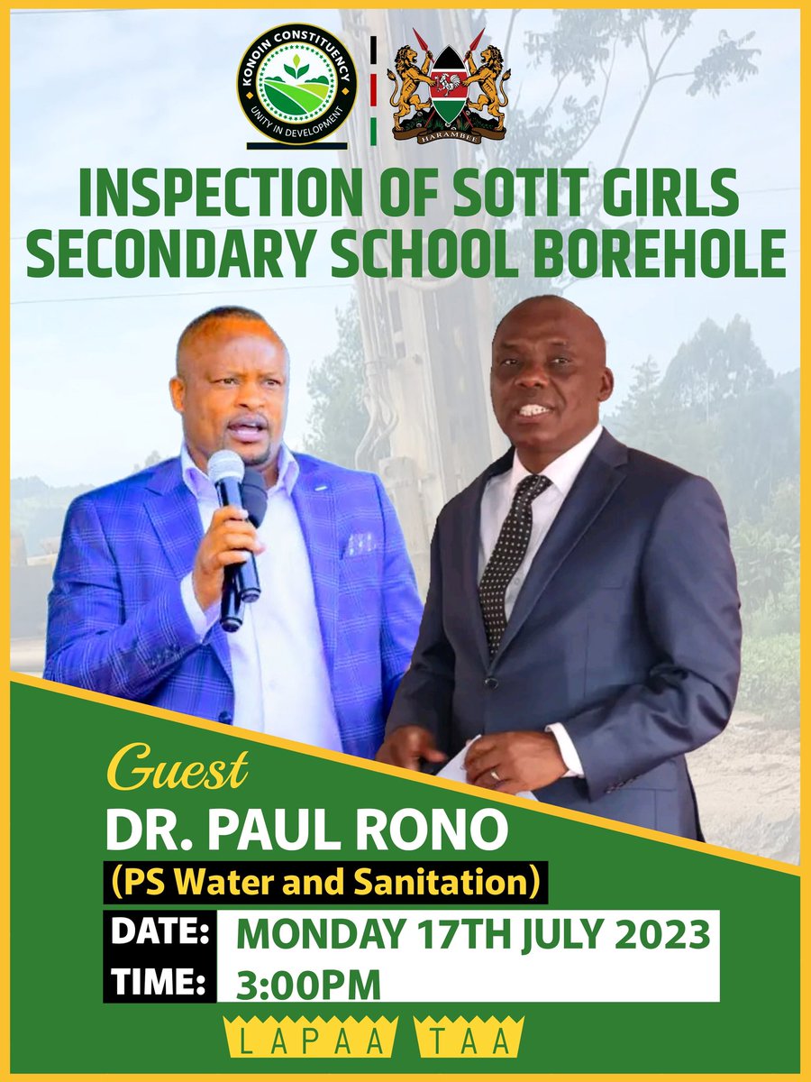LennyBrighton1's tweet photo. Also on Monday 17/07/2023, together with Dr. Paul Rono(PS Water and Sanitation), we will inspect Sotit Girls Secondary School Borehole which is at the completion stage producing more than 30,000 cubic litres per hour.
Time: 3:00PM
#TuwasilianeKwaMaendeleo 
Lapaa Taa https://t.co/4cVp7mnbf5