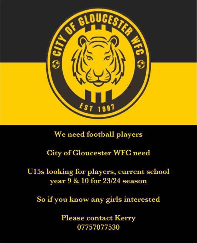 CityofGlosWFC's tweet image. Calling all girls in year 9 &amp;amp; year 10 looking to join a team 👀 please contact Kerry 🖤💛 #under15s #newseason #cityofgloucesterwfc