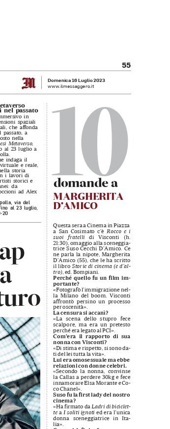 andrea_palazzo's tweet photo. Su @ilmessaggeroit ho intervistato Margherita D’Amico che parla della mitica nonna Suso. Il gancio me lo ha dato #cinemainpiazza che a San Cosimato stasera proietta “Rocco e i suoi fratelli” di #Visconti 
@andreascarpa20 @ValerioCarocci @PiccoloAmerica https://t.co/3egX4jVR97