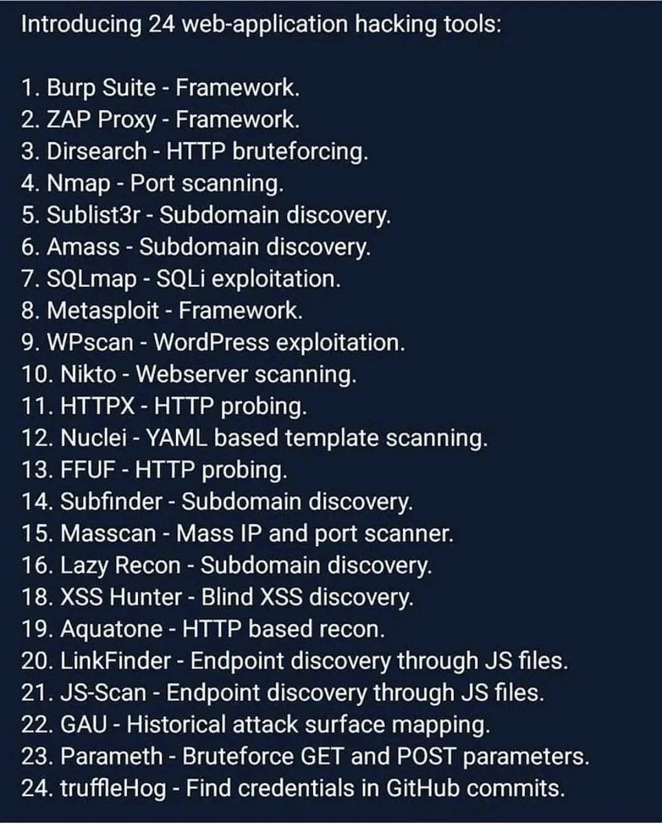 hackinarticles's tweet photo. Web Applications Tools

#infosec #cybersecurity #pentesting #redteam #informationsecurity #CyberSec #networking #networksecurity #infosecurity #cyberattacks #security #linux #cybersecurityawareness #bugbounty #bugbountytips https://t.co/5jIvX2ZZZO