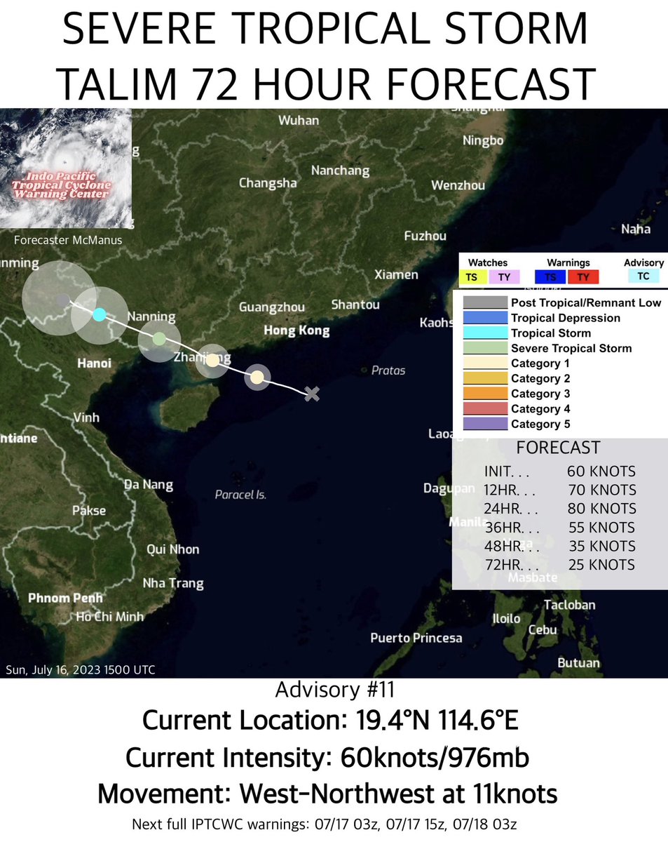 Severe Tropical Storm #Talim Advisory #11: Talim struggling somewhat, still expected to become a Typhoon before landfall. Max winds have increased to 60knots (70mph). Intensification to a Typhoon expected in next few hours. Click below on IPTCWC cone and discussion for more info. https://t.co/OghoQHiNJb