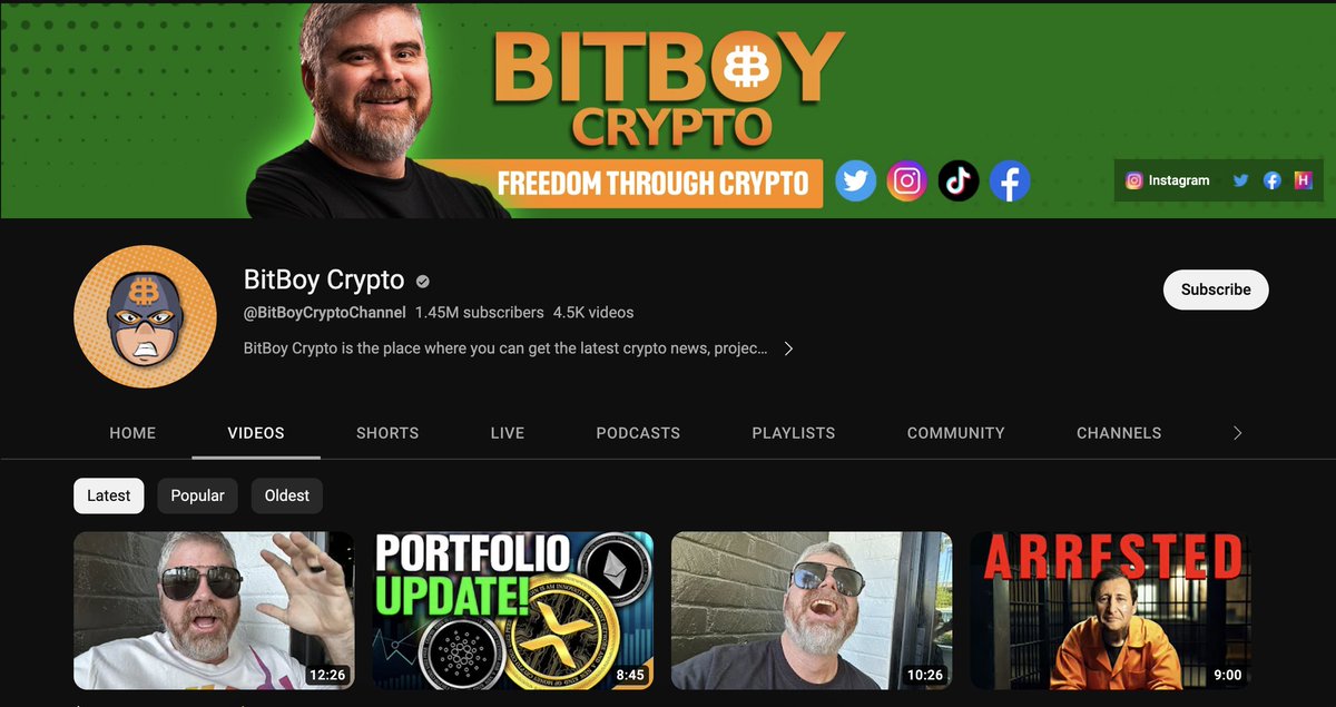 6. BitBoy Crypto by (<a href="/Bitboy_Crypto/">GIGA CHAD</a>)

Here you can get some latest crypto news, project reviews &amp; crypto trading advice.

Subscribers: 1.45M+ 

🔗 youtube.com/@BitBoyCryptoC…