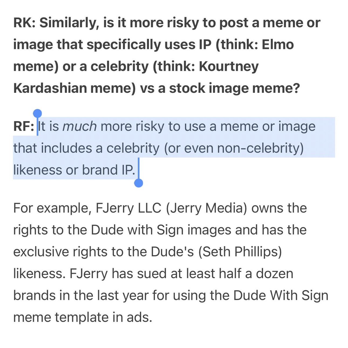 Jack Appleby (@jappleby) on Twitter photo I had a bunch of social media managers drag me when I said most meme marketing is illegal.
Here’s an advertising compliance lawyer clarifying that NO, your brand’s meme isn’t covered by parody or 1st amendment.
From <a href="/milkkarten/">Rachel Karten</a>’s interview with <a href="/RobertFreundLaw/">Rob Freund</a>: I had a bunch of social media managers drag me when I said most meme marketing is illegal.
Here’s an advertising compliance lawyer clarifying that NO, your brand’s meme isn’t covered by parody or 1st amendment.
From <a href="/milkkarten/">Rachel Karten</a>’s interview with <a href="/RobertFreundLaw/">Rob Freund</a>: