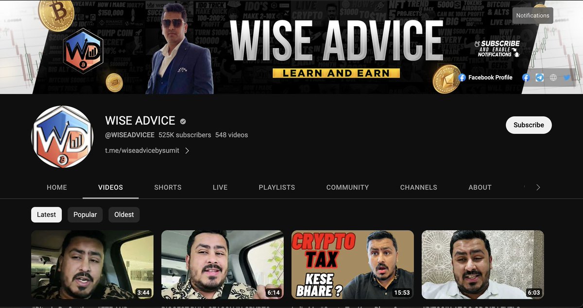 7. Wise Advice by (<a href="/sumitkapoor16/">Wise Advice</a>)

Sumit is working online since 2007-2008.

His aim is to spread crypto awareness globally. He is known as one of the best gem hunters.

Subscribers: 525K+

🔗 youtube.com/@WISEADVICEE/