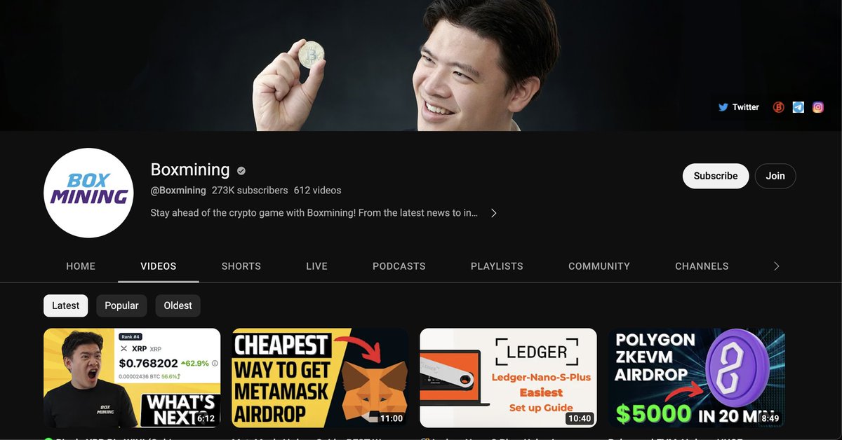 8. Boxmining by (<a href="/boxmining/">Boxmining</a>)

On this channel, you can learn about airdrops, and insider trends &amp; get some good analysis on the market conditions.

Subscribers: 273K+

🔗 youtube.com/@Boxmining