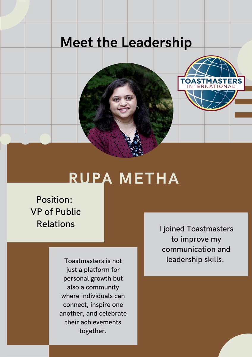 Hello <a href="/gmutoastmasters/">GMU Toastmasters</a>! 

As we start the new Toastmasters year, we would like to introduce you to our club officers! First up is our Immediate Past President and current VPPR, Rupa Mehta! Thank you for your service to the club! #GMUToastmasters #Toastmasters #Leadership
