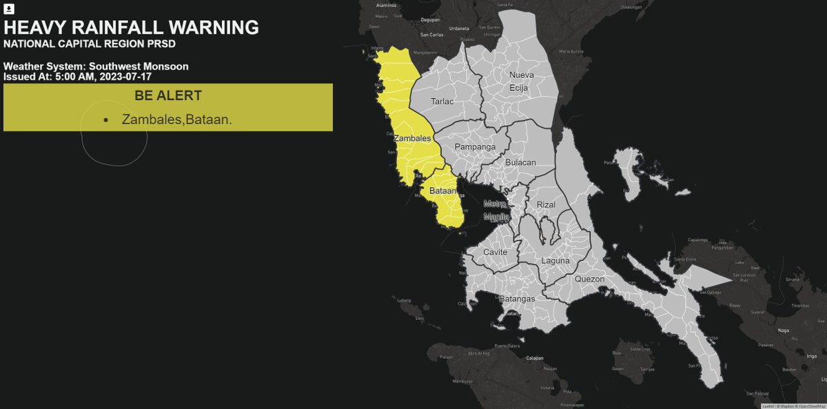 dost_pagasa's tweet photo. Heavy Rainfall Warning No. 2  NCR_PRSD
Weather System: Southwest Monsoon 
Issued at: 5:00 AM,17 July 2023

Yellow Warning: Zambales, Bataan.
Associated Hazard: FLOODING in flood-prone areas

Meanwhile, Expect light to moderate with occasional heavy rains over MetroManila, Laguna, Rizal within the next 3 hours.

Light to moderate with occasional heavy rains affecting Batangas, Cavite, Bulacan, Pampanga, NuevaEcija, Tarlac which may persist within .

The public and the Disaster Risk Reduction and Management Offices concerned are advised to MONITOR the weather condition and watch for the next advisory to be issued at 8:00 AM Today.

For more information and queries, please call telephone numbers 8922-1992 and 8927-1335 or log on to https://t.co/UVDoibkVeg.