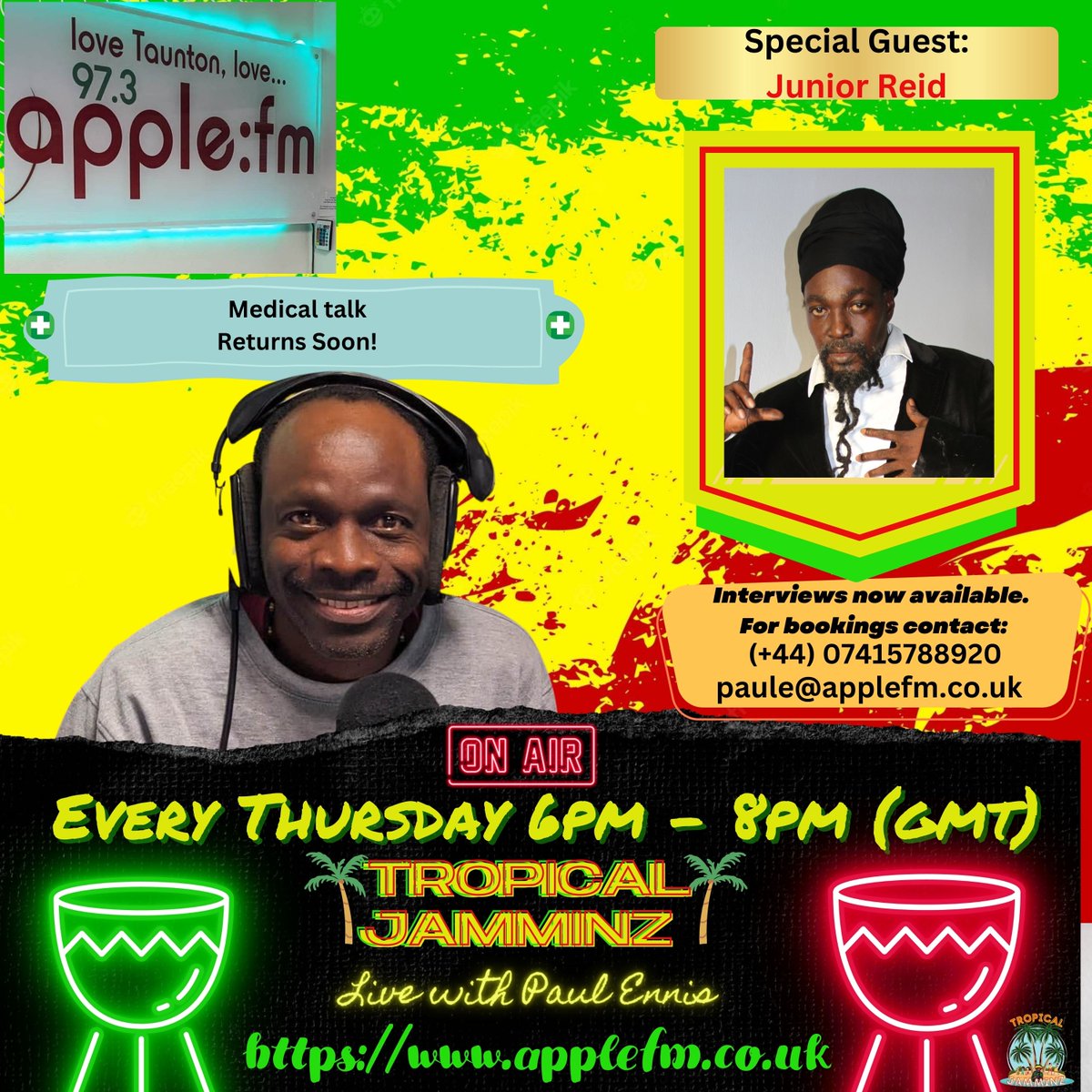 applefm.co.uk
Please come and tune in and support. Thursdays from 6pm catch this weeks Special Guest @1JUNIORREID 
Live from 6pm (gmt) For promotional packages
Get In touch with either Mikey d promo page   or
Paule@applefm.co.uk
live from Somerset,uk #applefm #Reggae