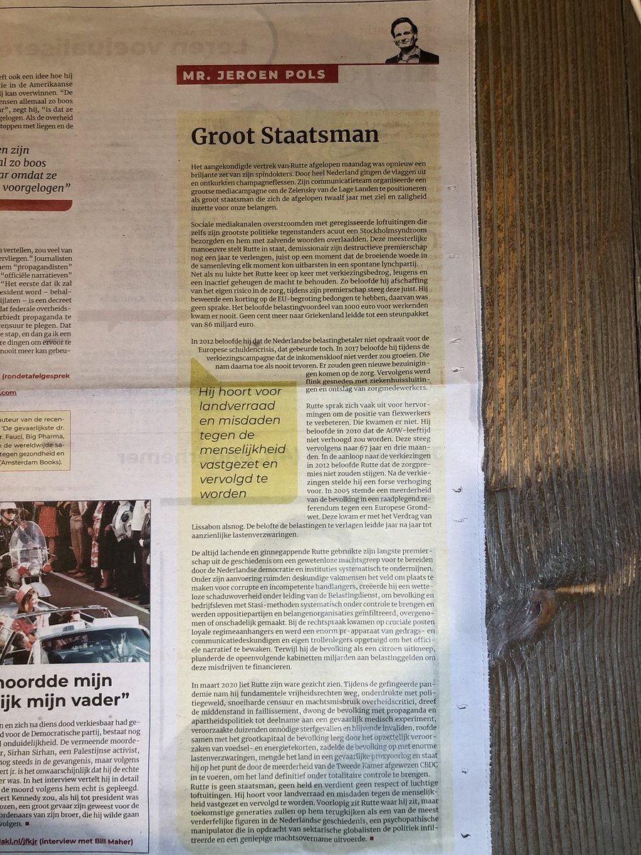 PaulvanHoek2021's tweet photo. Jeroen Pols windt er geen doekjes om in De Andere Krant.

Rutte hoort voor landverraad en misdaden tegen de menselijkheid vastgezet en vervolgd te worden. https://t.co/tIkgOS5Bzt