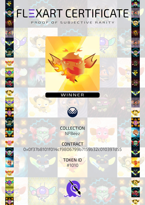 flexart7's tweet photo. โจ๐Here is the very first Flexart Certificate - Proof of Subjective Rarity #PoSR๐โจ
๐ขWe extend our heartfelt thanks to 101 voters who cast a total of 2774 votes, appreciating the beauty of each submitted #NFBeez @1HiveNFBeez . Although the entire collection received predominantly favorable ratings in terms of aesthetics, NFBee (#1010) emerged as the winner!๐๐๐
The certificate ๐ has already been minted and is now in the winner's wallet -> https://t.co/prX4SgEtpj
Or check out the leaderboard:
https://t.co/jMGOOkp5QF
๐ฅCongratulations on this achievement little Bee!๐ฅ
A big thank you to everyone who participated in this experience.#NFBeez community is amazing. We hope you had fun expressing your personal perceptions and look forward to future competitions on https://t.co/pZLCFjzKrp
By the way, have you voted in the #DENUTZ competition yet? No? It's worth it because one random voter will receive a #DENUTZ #NFTgiveaway. @DeNutzNFT
@VoxelPunksNFT holders still can submit to participate.